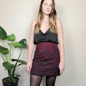 Topshop Embroidered Mini Pencil Skirt Wool Maroon Black 4